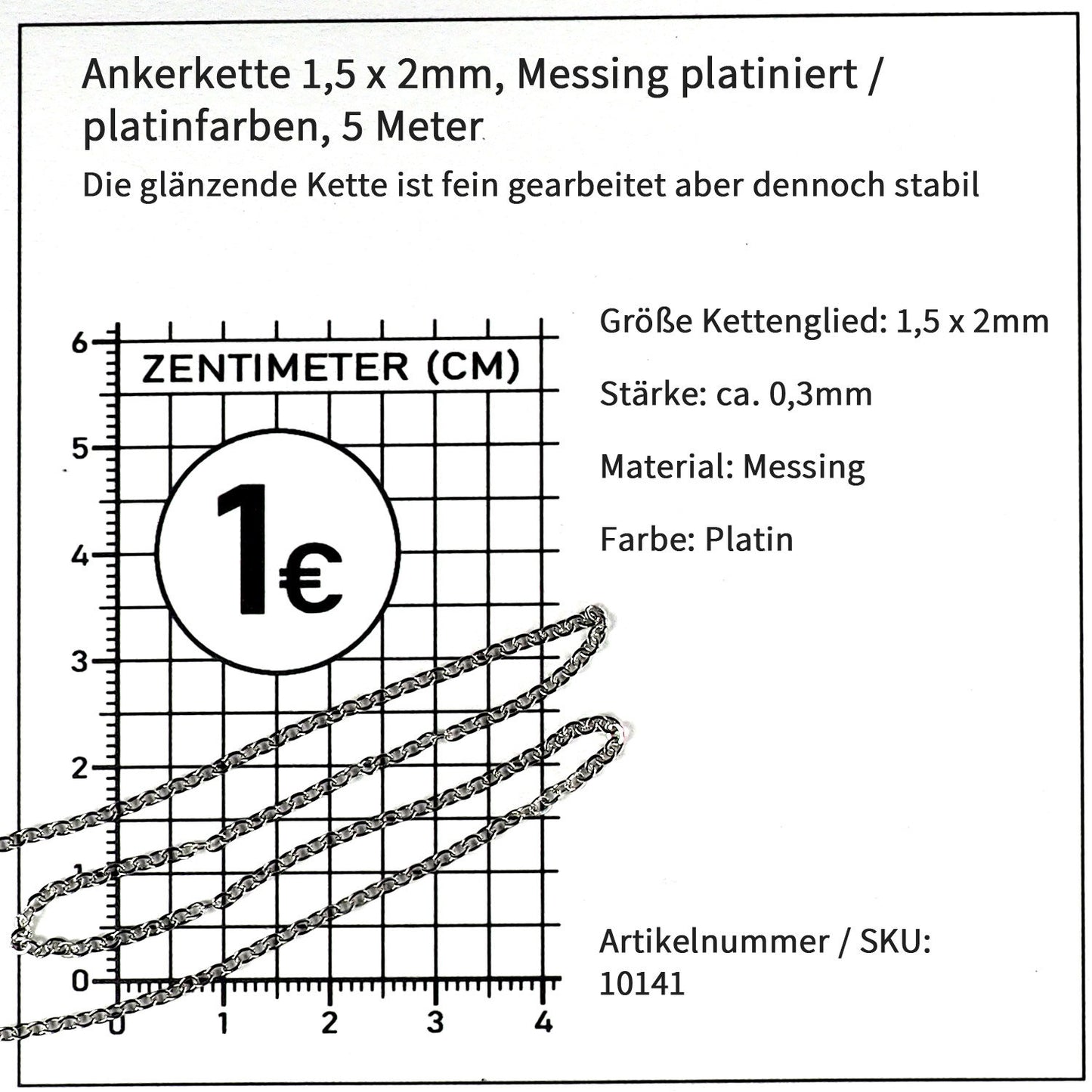 5 Meter feine Ankerkette 1,5 x 2 mm, platinfarben, Messing, 10141