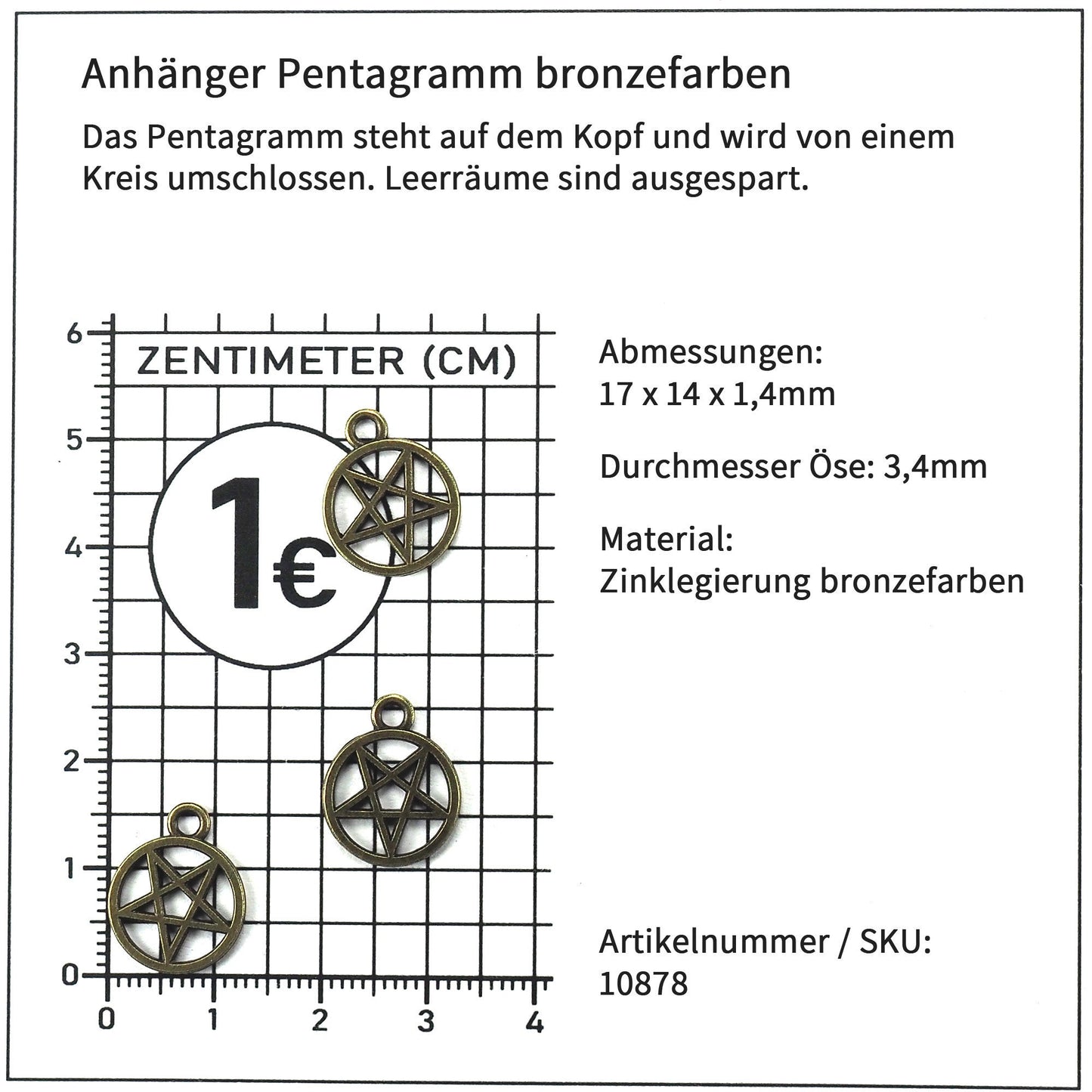 5 Anhänger umgedrehtes Pentagramm Drudenfuß, bronzefarben, 10878