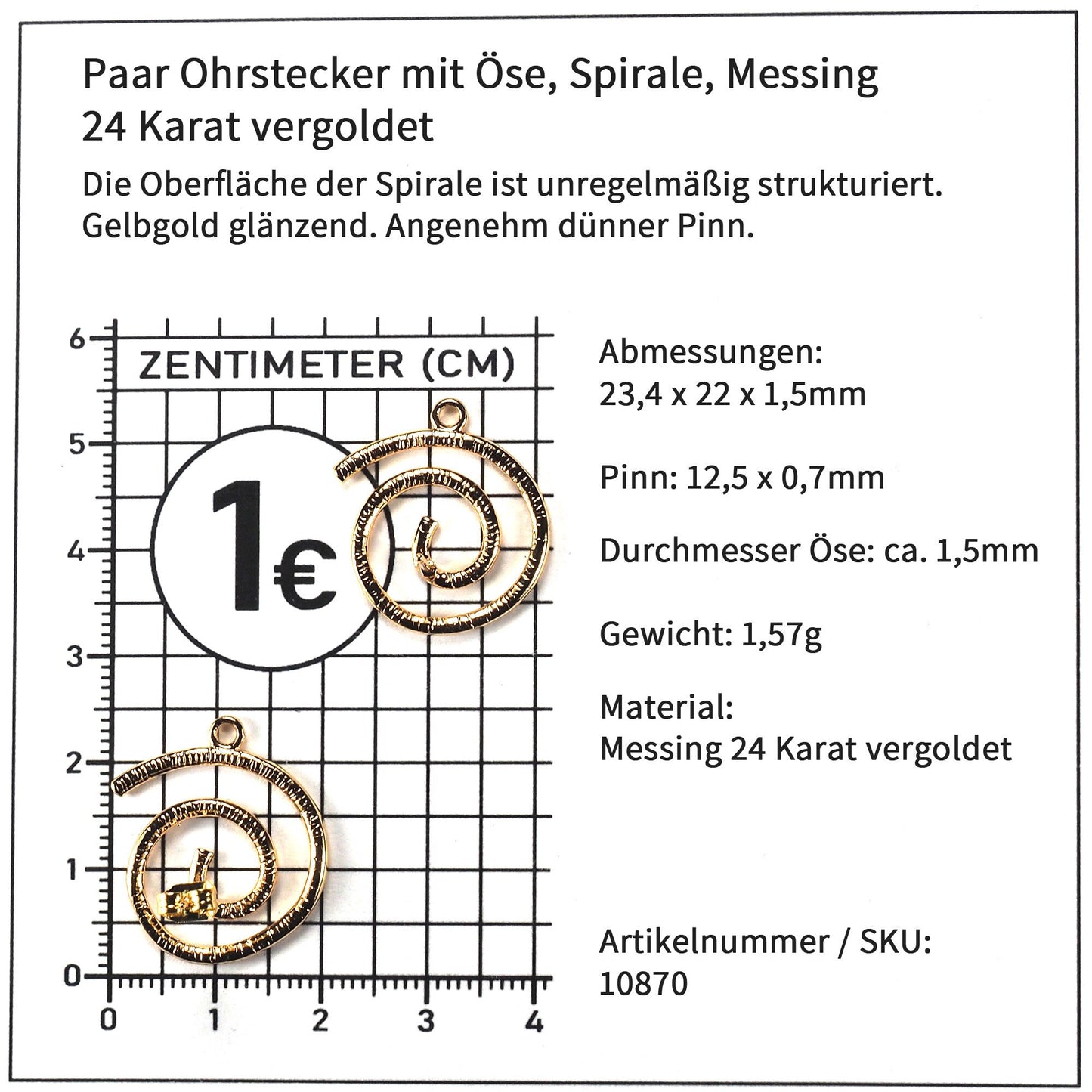 Ohrstecker Spirale, Messing, 24 Karat vergoldet, Hammerschlagoptik, 10870