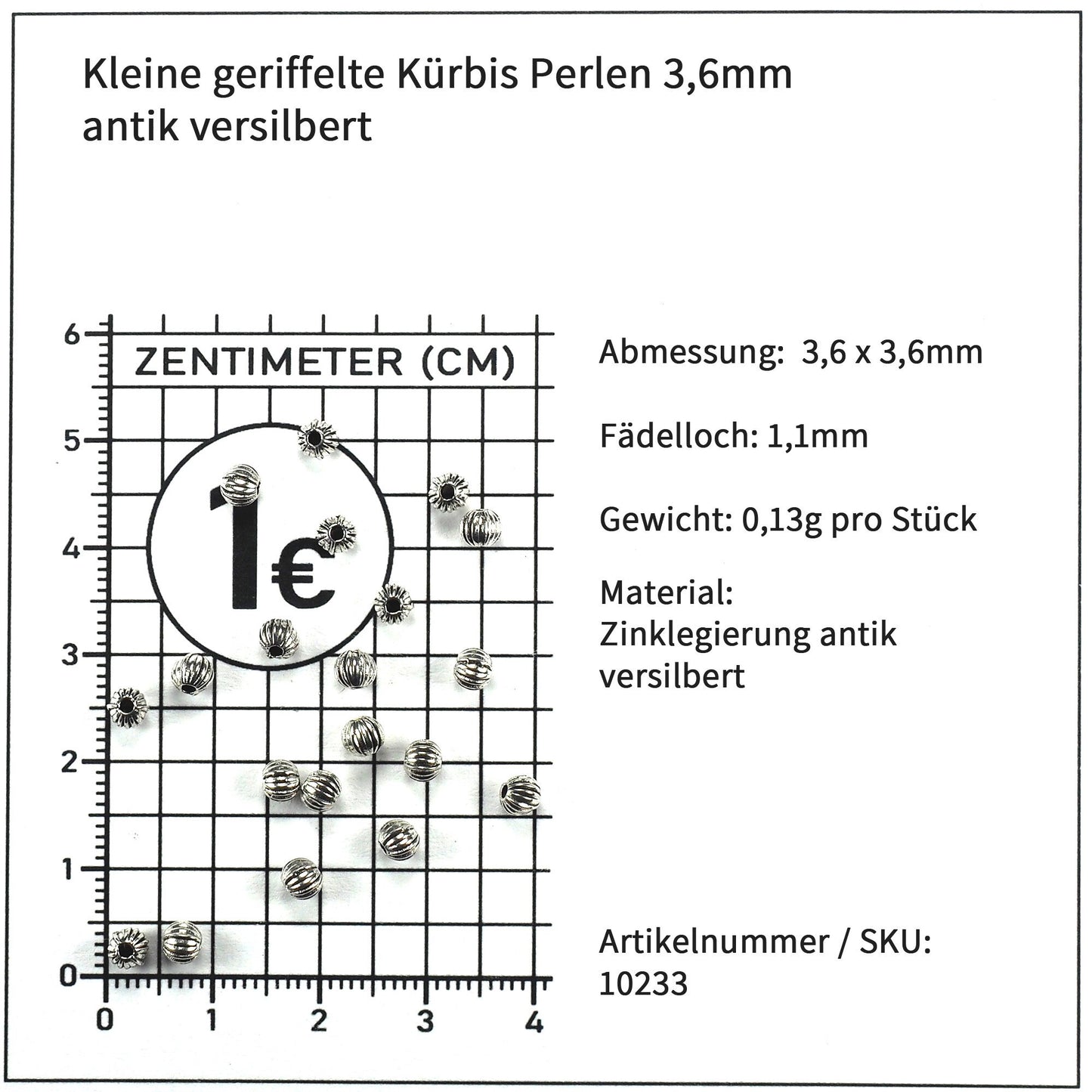 20 kleine Perlen 4mm, geriffelt, antik silberfarben, 10233