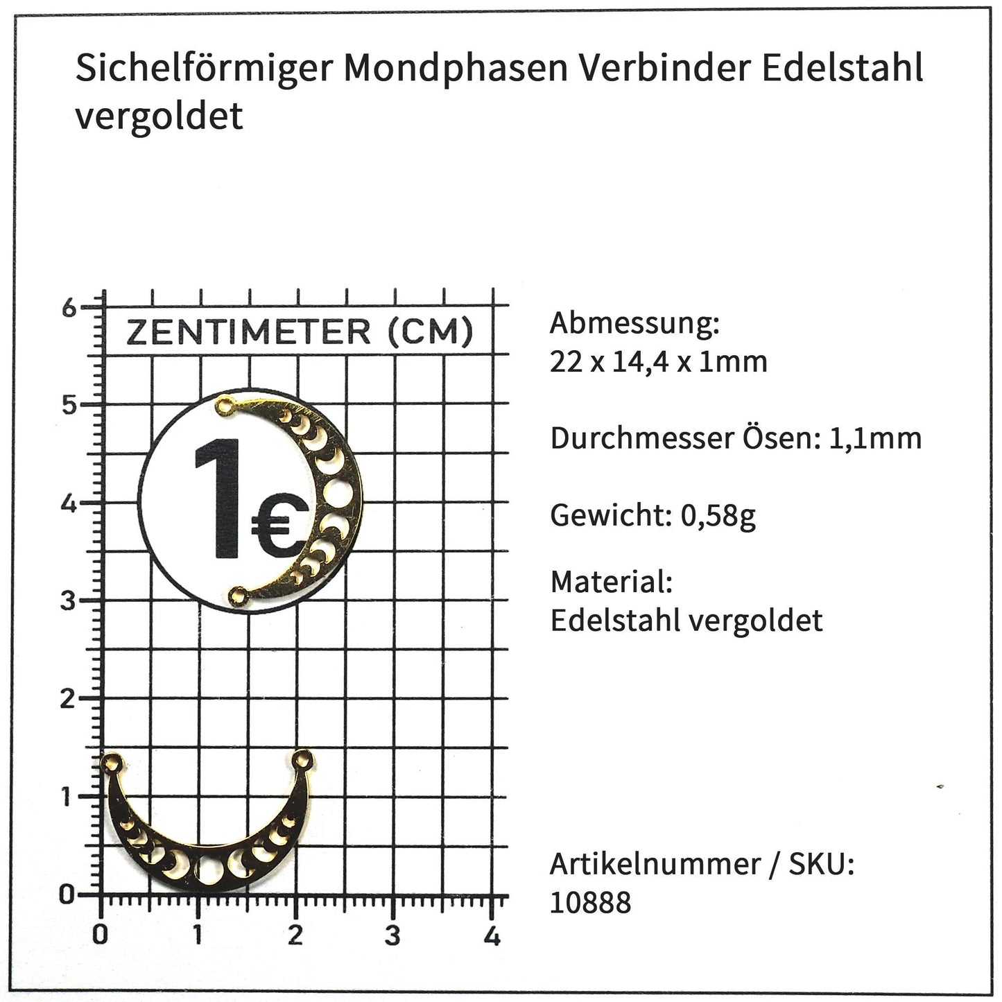 Verbinder Sichelform Mondphasen, Edelstahl vergoldet, gelbgold, 10888