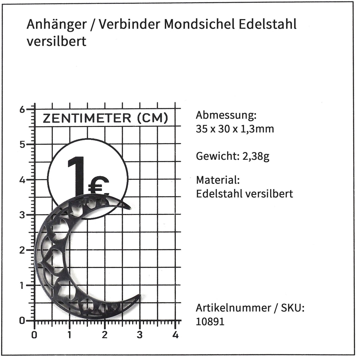 Anhänger/Verbinder Mondsichel, Edelstahl versilbert, 10891