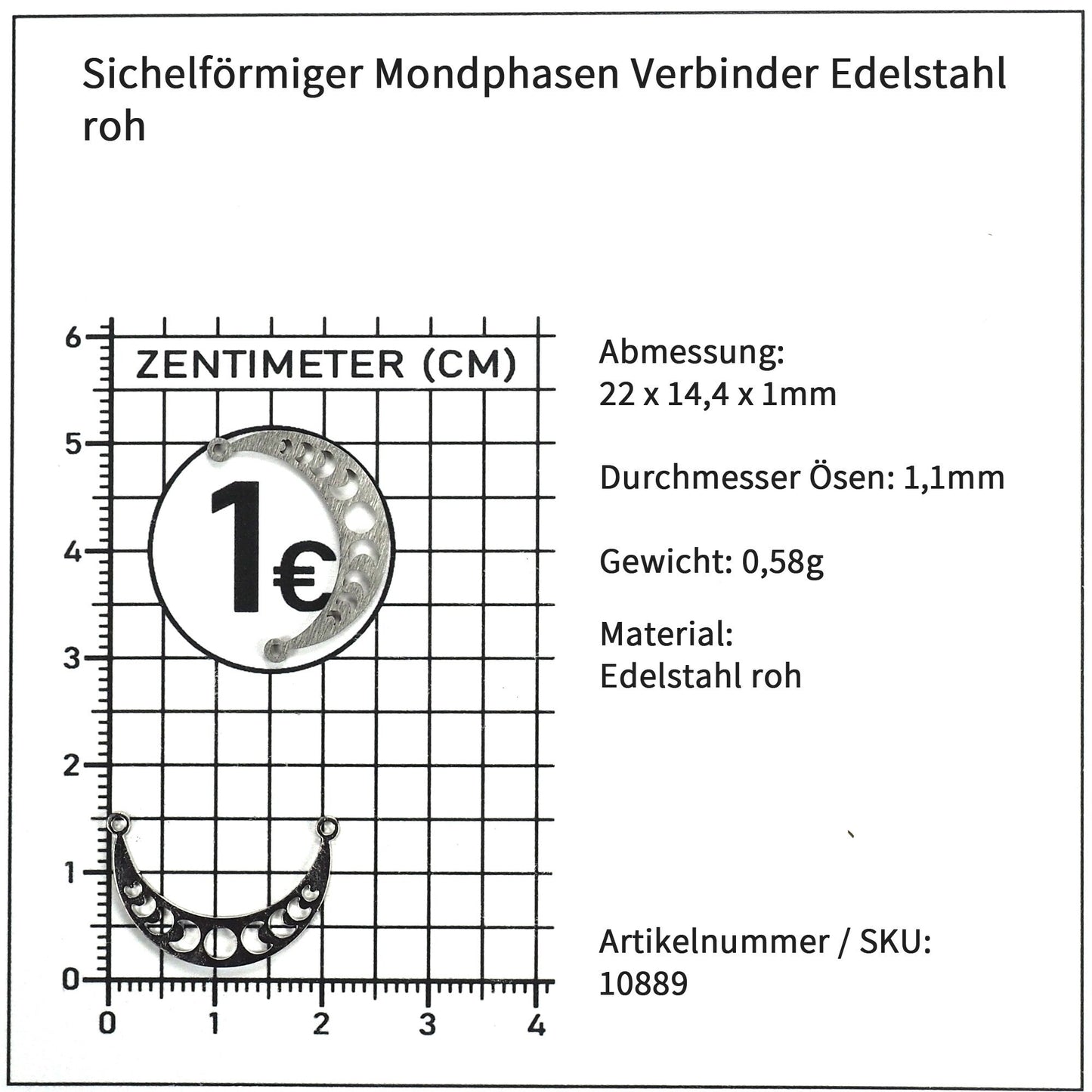 Verbinder Sichelform mit Mondphasen, Edelstahl, edelstahlfarben, seidenmatt, 10889