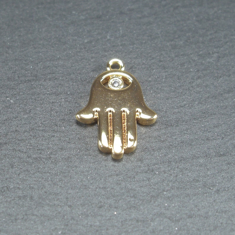 Anhänger Hamsa, Zirkonia, Hand der Fatima, Messing, 24 K vergoldet, 10647