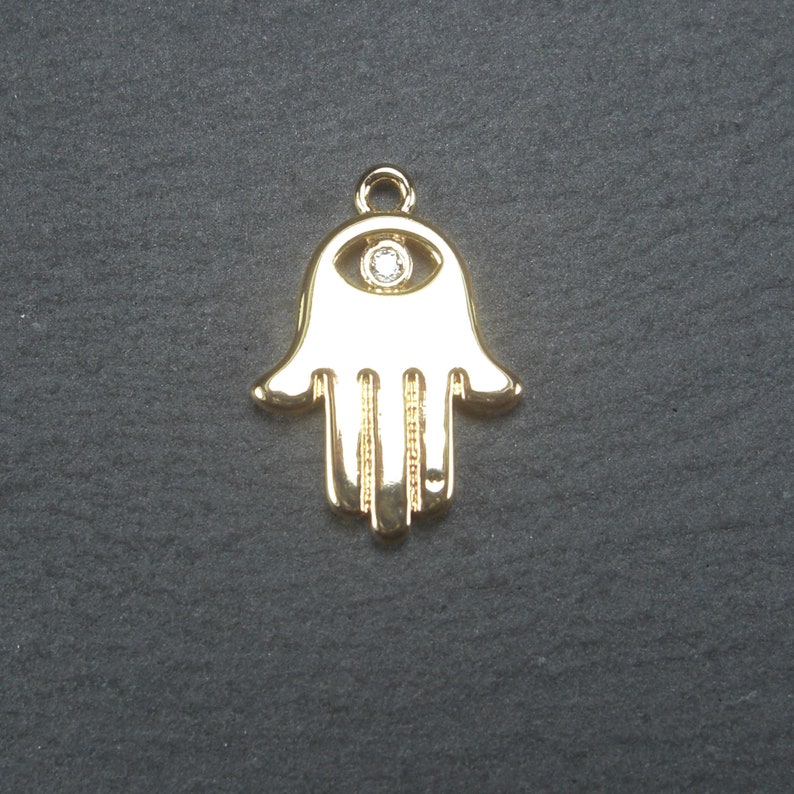 Anhänger Hamsa, Zirkonia, Hand der Fatima, Messing, 24 K vergoldet, 10647