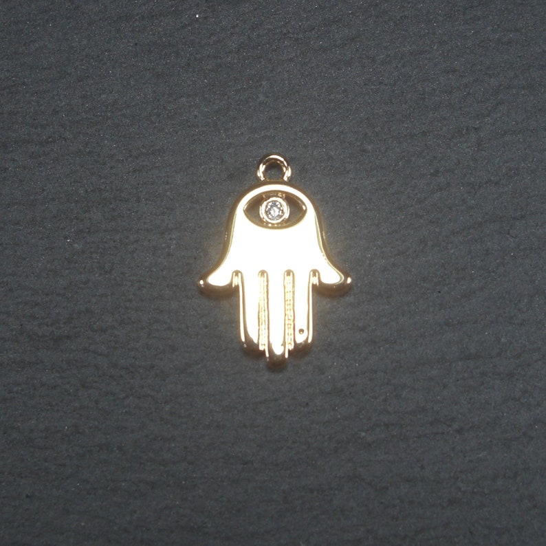 Anhänger Hamsa, Zirkonia, Hand der Fatima, Messing, 24 K vergoldet, 10647