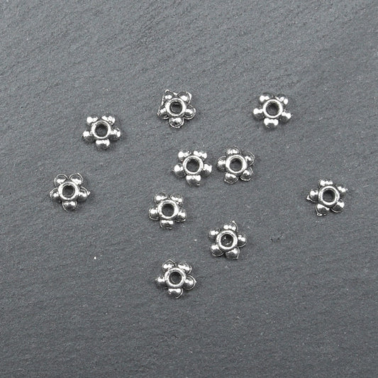 20 Spacer Perlen 4,5 mm, Blüten, silberfarben, 10216