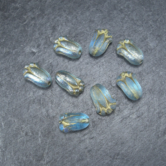 Böhmische Glasperlen, floral, frostig blau gold, 10360