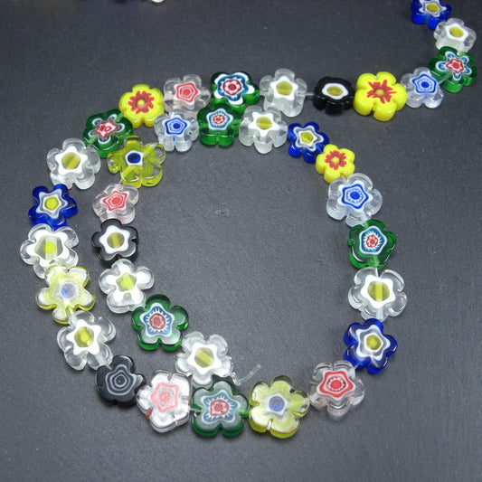 Millefiori Glas Perlen, Blütenform, 12 mm, 1 Strang mit ca. 35 Perlen, 10518