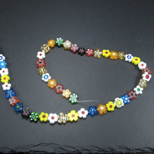 Millefiori Glas Perlen, Blütenform, 9 mm, 1 Strang mit ca. 50 Perlen, 10519