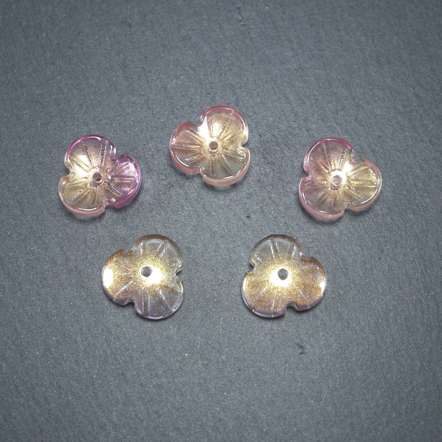 5 Glas Perlen/Spacer 12 x 3 mm, Blume, Blüte, rosa violett gold 10534