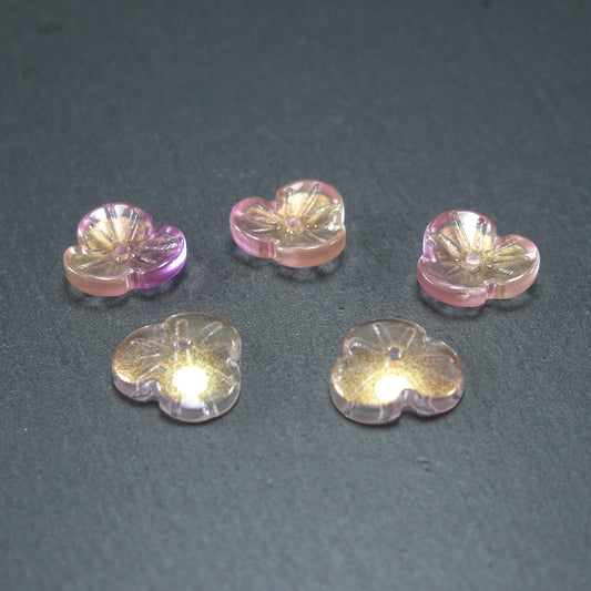 5 Glas Perlen/Spacer 12 x 3 mm, Blume, Blüte, rosa violett gold 10534