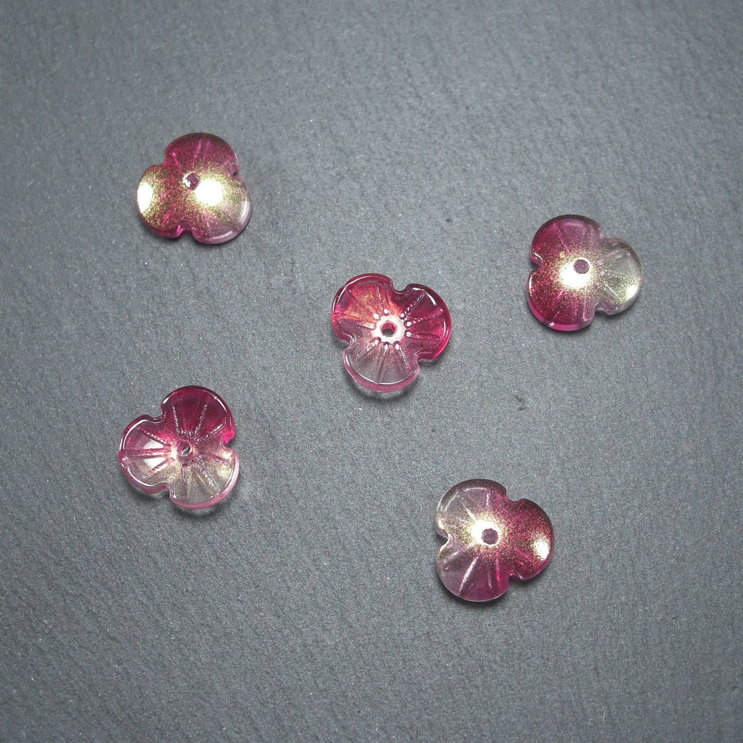 5 Glas Perlen/Spacer 12 x 3 mm, Blume, Blüte, rosenrot gold, 10538