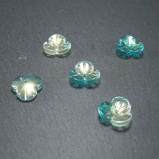 5 Glas Perlen/Spacer 12 x 3 mm, Blume, Blüte, türkis gold, 10539