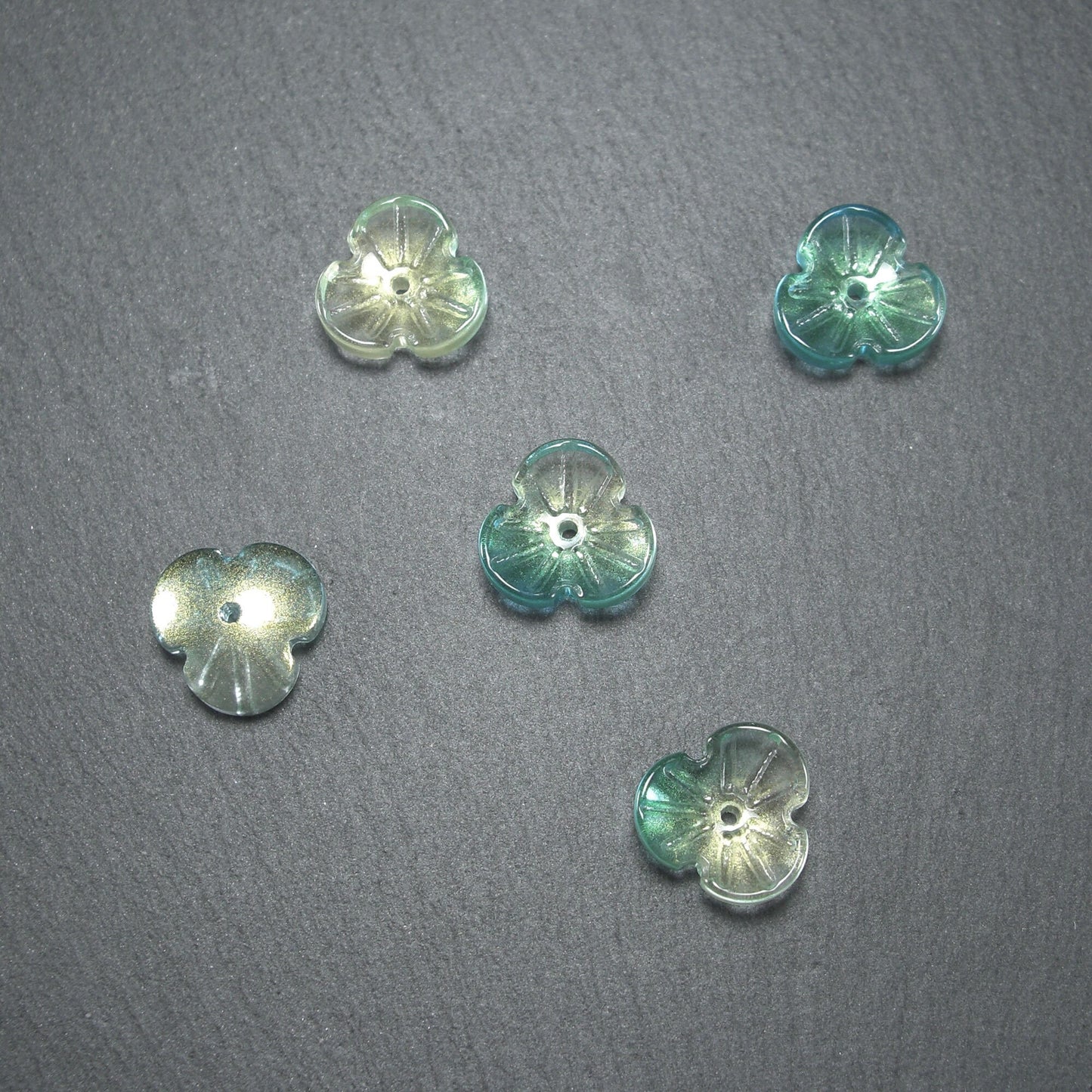 5 Glas Perlen/Spacer 12 x 3 mm, Blume, Blüte, türkis gold, 10539