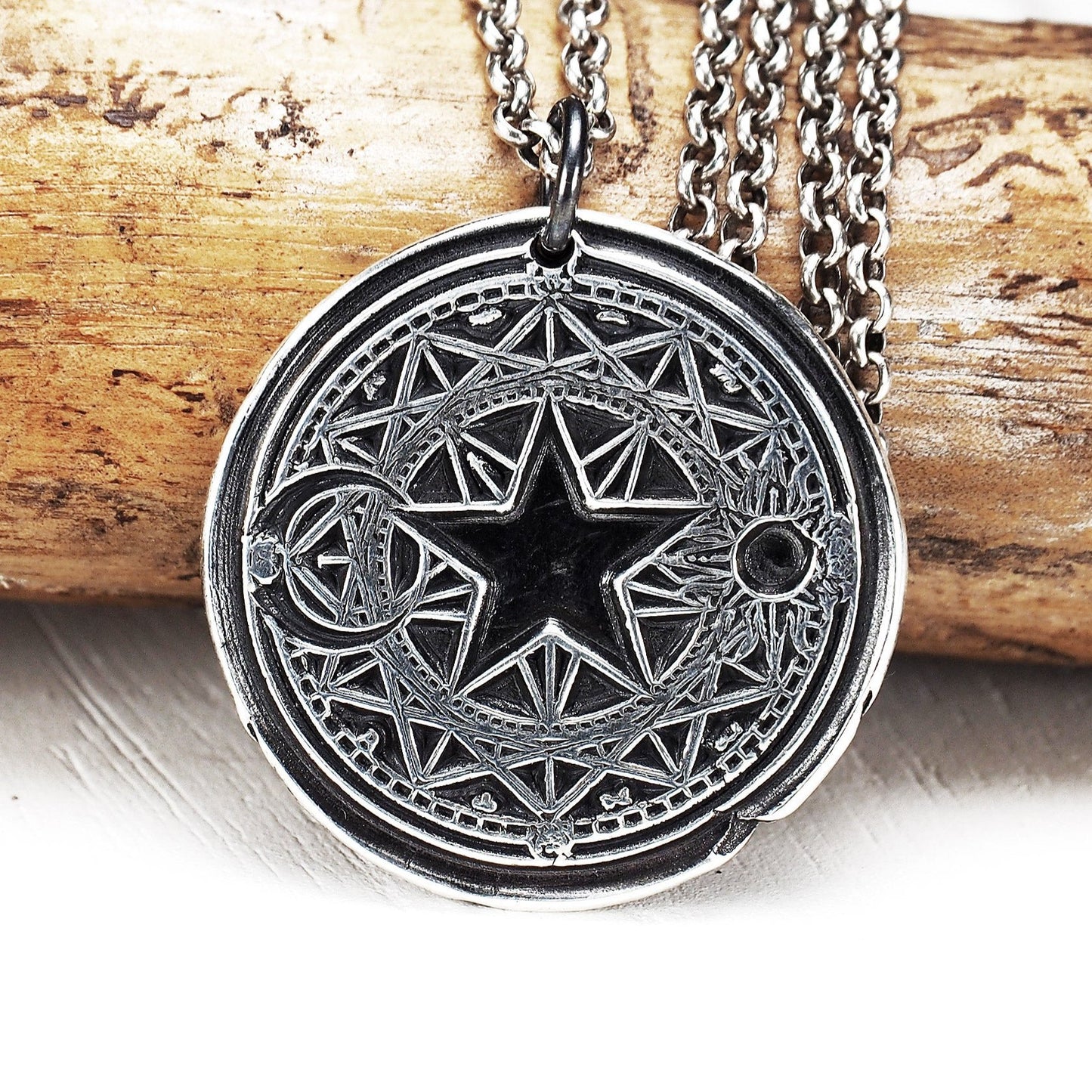 Magischer Hexen Anhänger Stern Sonne Mond Magie Wicca Sterling Silber, 40095