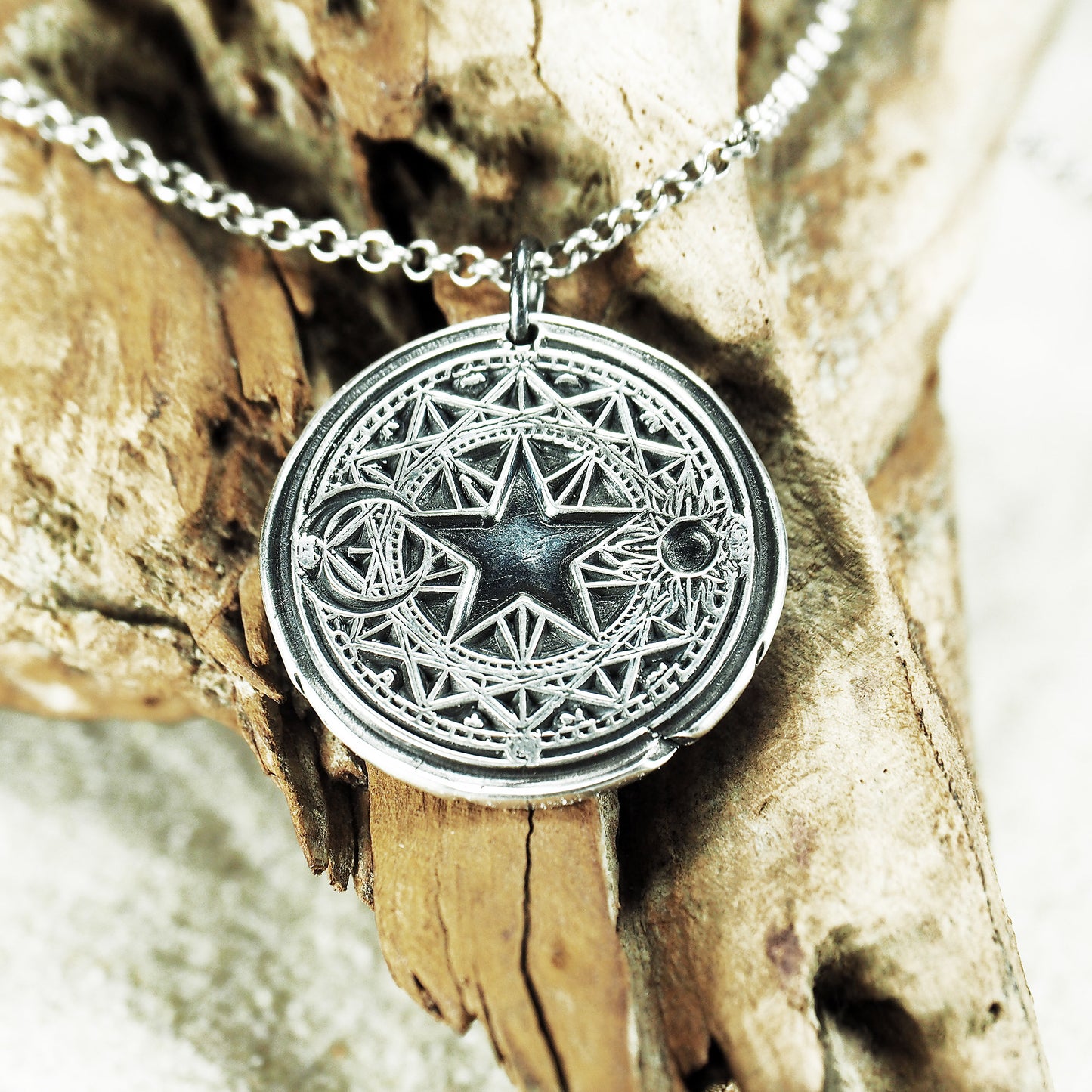 Magischer Hexen Anhänger Stern Sonne Mond Magie Wicca Sterling Silber, 40095